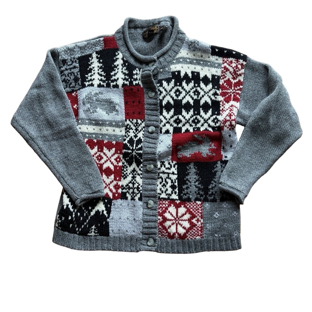 Eddie Bauer‎ Patchwork Fair Isle Cardigan Sweater Women Medium Wool Blend Cozy
